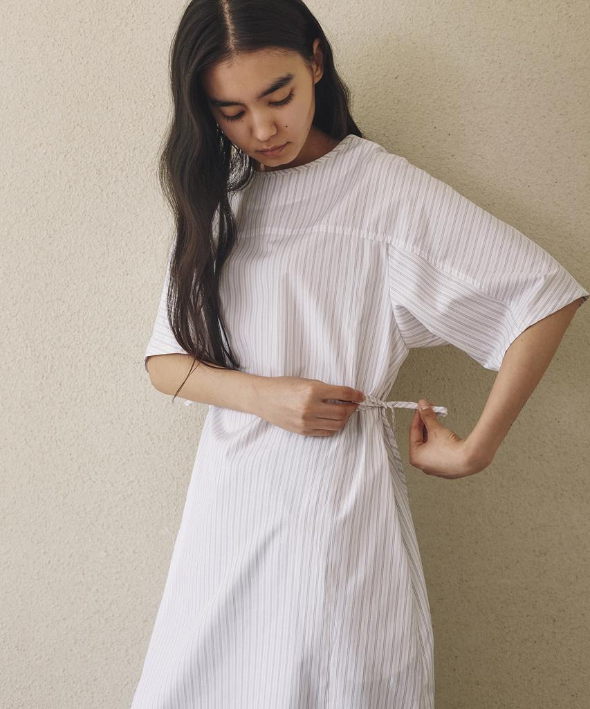 Between A And B Waist Ribbon Stripe Long Dress [White]