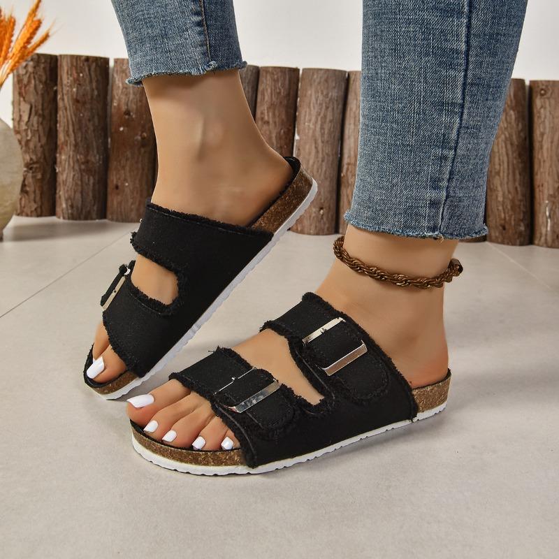 Mode Dam Sandaler Sommar Nya Rund Tå Öppen Tå Tyg Metallspänne Halkfria Slitstarka Platta Tofflor