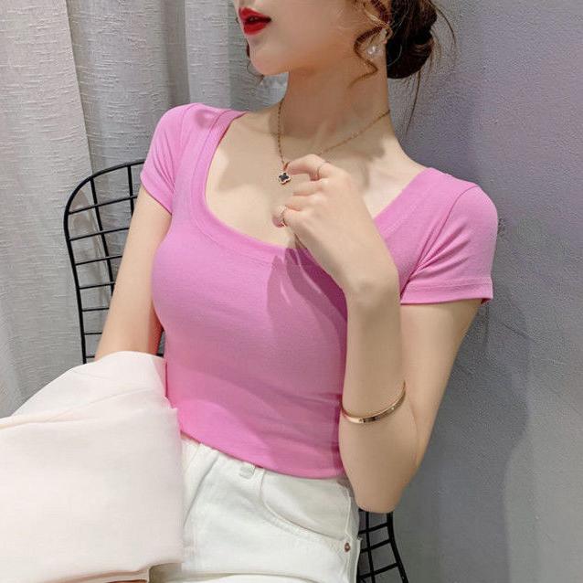 Damen Sommer U-Ausschnitt Kurzarm T-Shirt Damen Enganliegendes Unterhemd Großer Ausschnitt Einfarbig Tiefer Ausschnitt Enganliegende Oberteile