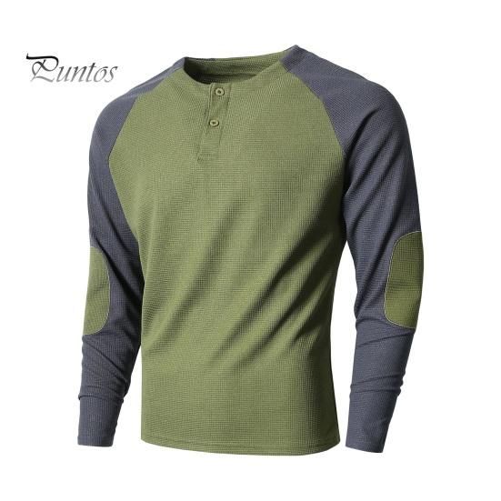 Весна Осень Мужская футболка с длинным рукавом и цветными блоками на пуговицах с круглым вырезом с нашивками повседневная спортивная футболка для вечеринок S армия зеленый 1775₽