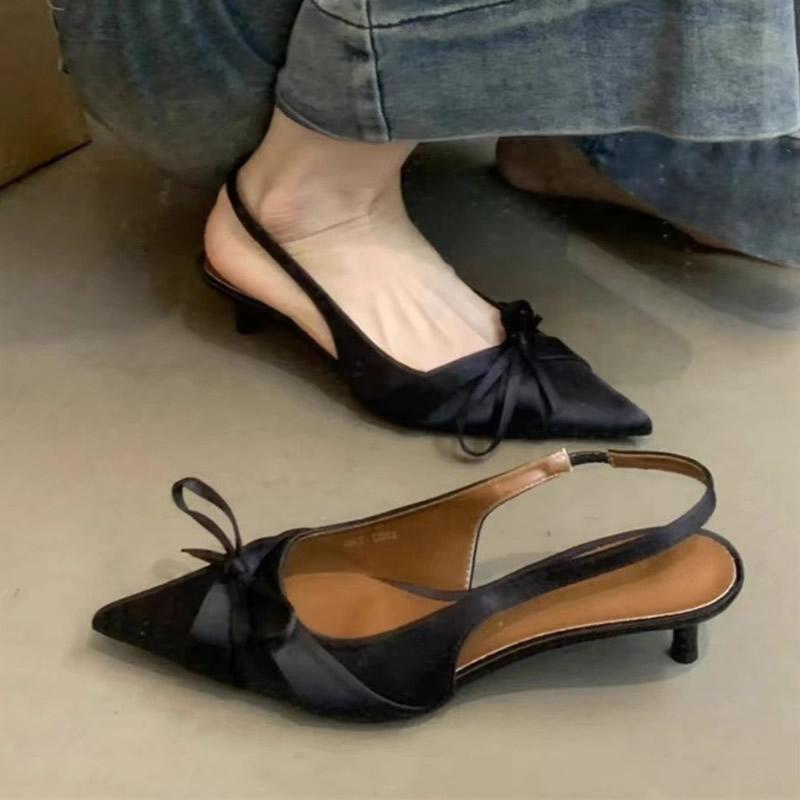 2025 Comfort Shoes for Women Sandals Stiletto Heels Bow Tie Summer New Female Purple Large Size New Low Heels Pointed Toe Shoes