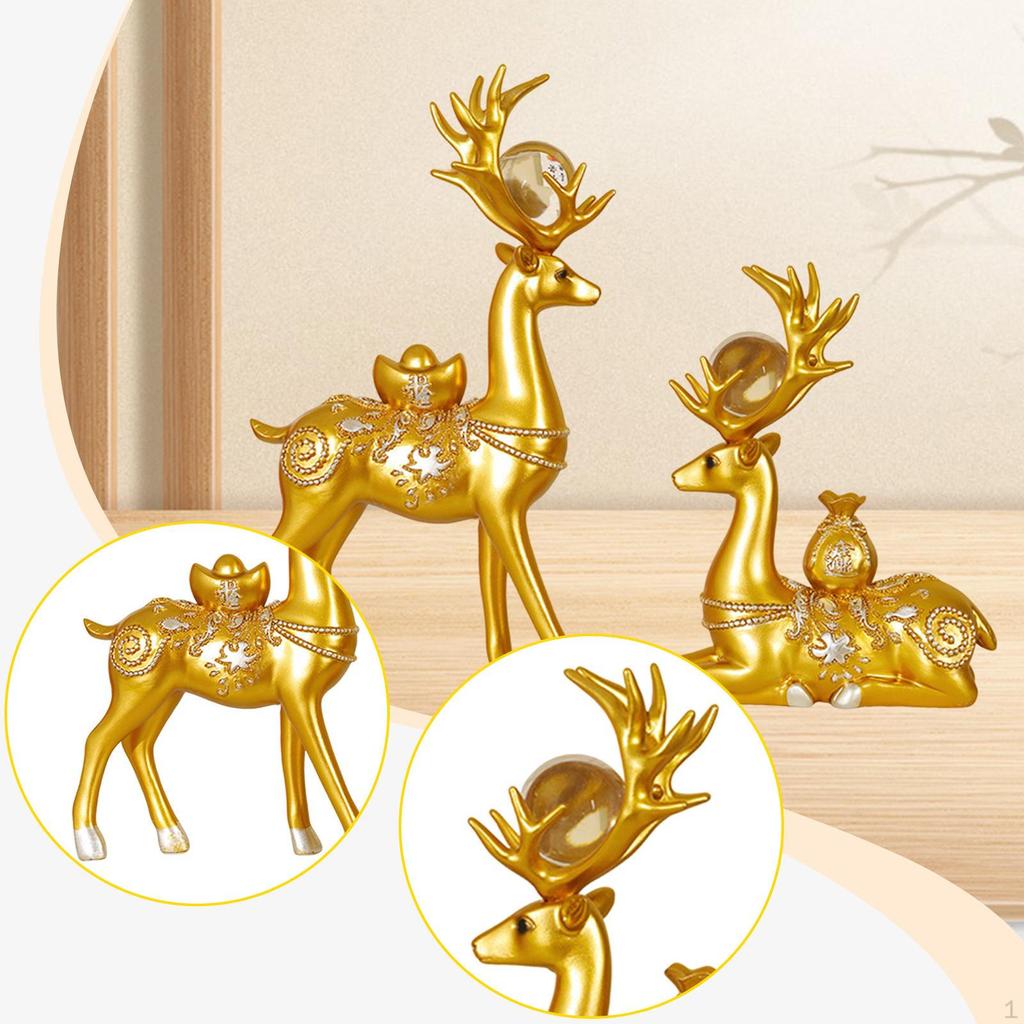 2 Pieces Deer Figurines Desktop Decoration Home Decor Artwork Delicate Animal Sculpture Golden Resin