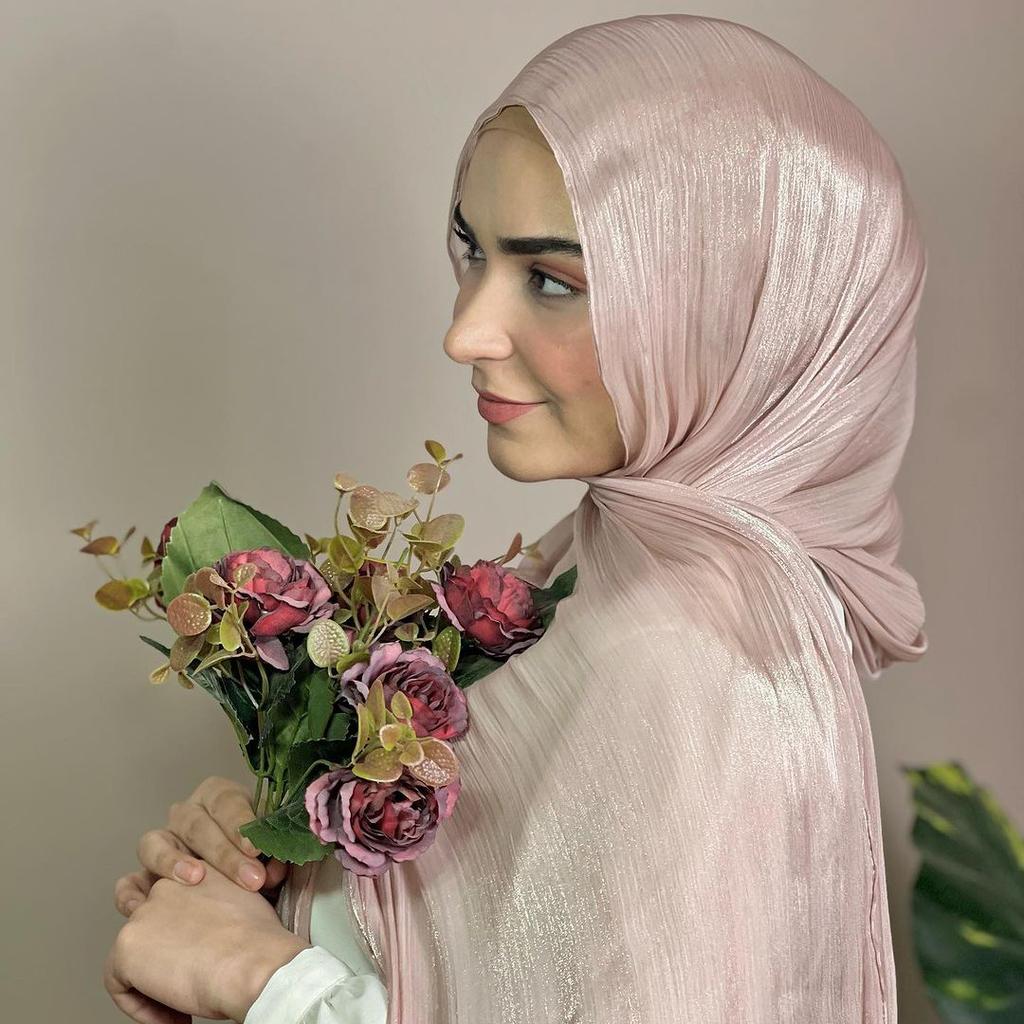 Hot Plain Shimmer Hijab Silk Wrinkle Scarf Muslim Woman Hijab Shawls Islam Woman Long Wraps Femme Headband Pure Turban
