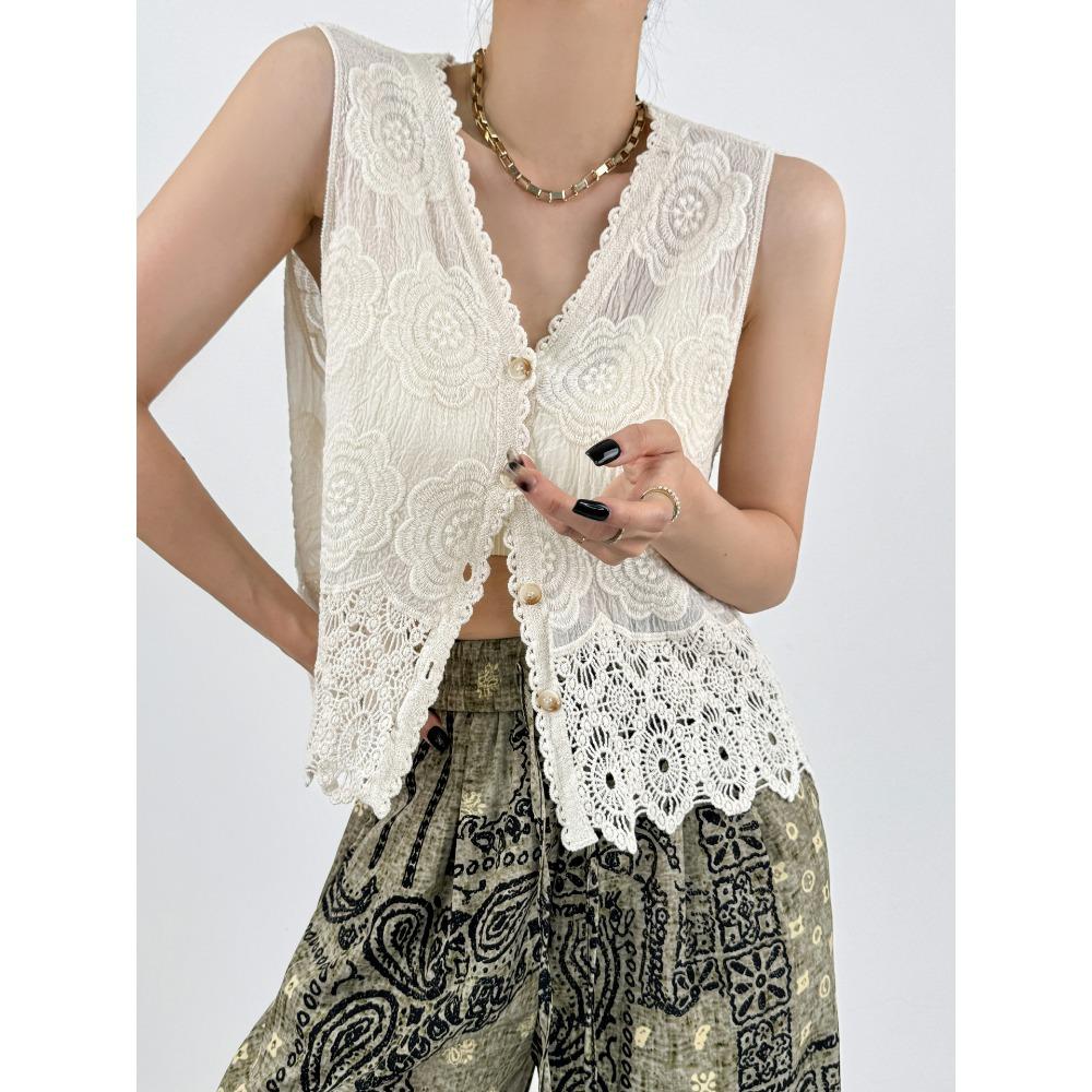 DIMANAF 2025 New Short Vest T-Shirt Women Sleeveless Buttons Knitting Lace Vest V-Neck Summer Basic Tops Tees Loose