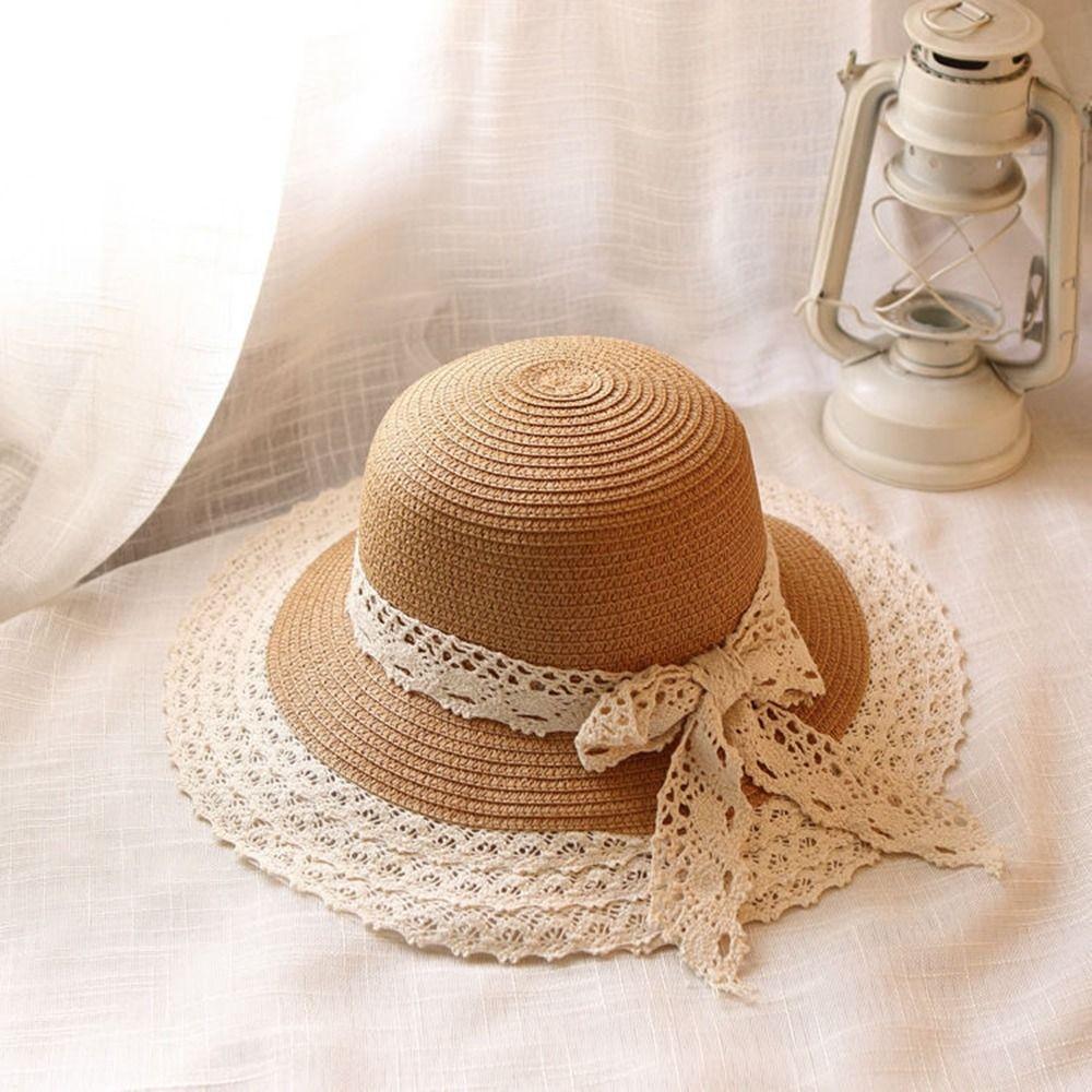 

Beach Cap Lace Ribbon Sun Visor Handmade British Style Sun Hat Straw Hat Top Hat Weave Sun Cap