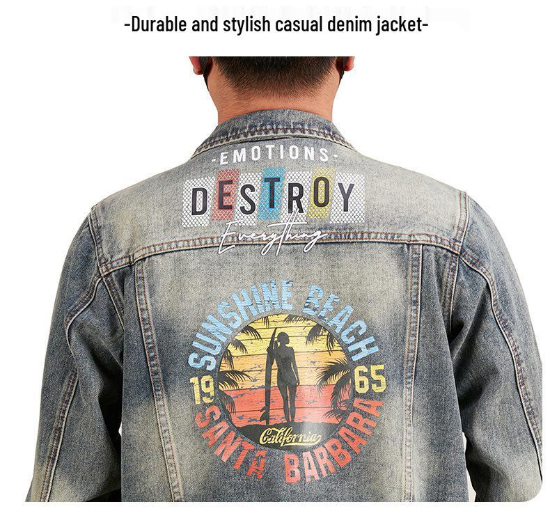 Xintang Men's Loose Casual Denim Jacket with Lapel and Feature Print for Spring & Autumn 2025