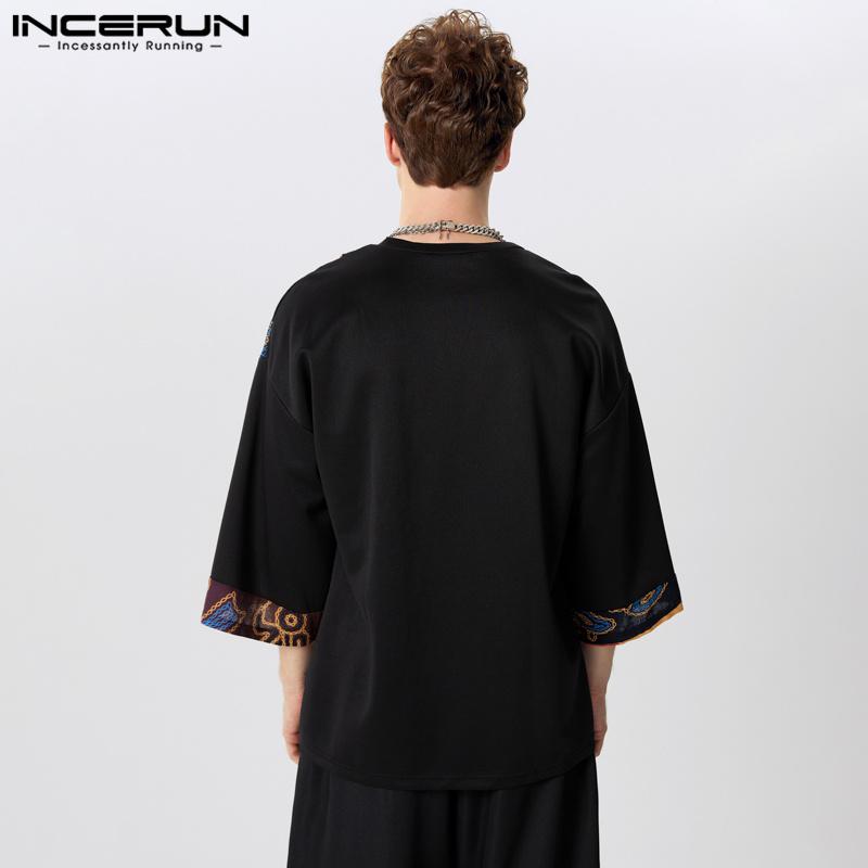 INCERUN bărbați cu mânecă scurtă Patchwork tricou casual de vară vintage cu imprimeu topuri