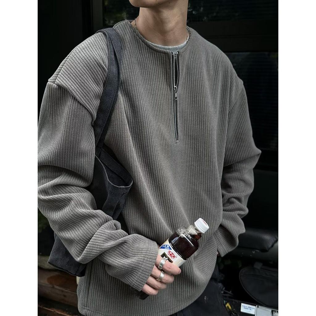 Felpa Uomo Manica Lunga Tinta Unita Texture Waffle Mezza Zip Stile Ins Primavera Autunno Pigra Casual Stile Coppia