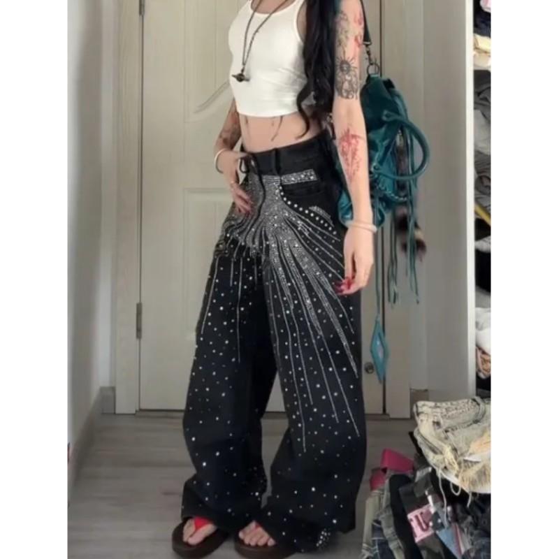 Women's Plus Size Distressed Star-Print Rhinestone-Embellished Curved-Leg Jeans Streetwear Loose-Fit Slimming Wide-Leg Trousers