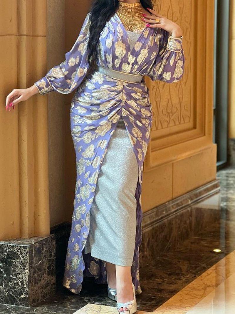 

2025 весна и лето женская одежда сексуальное печатное золотое шифоновое бальное платье на бедрах платье XXL фиолетовый