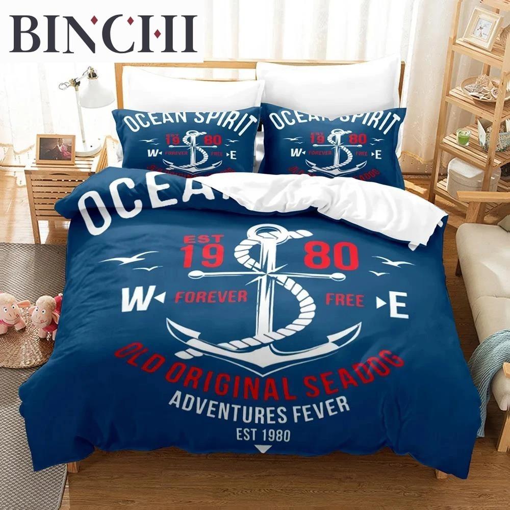 Nautical Bedding Set Ocean Anchor Duvet Cover Sailor Pirate Sea Adventure Bedspread For Kids Boys Navy Blue