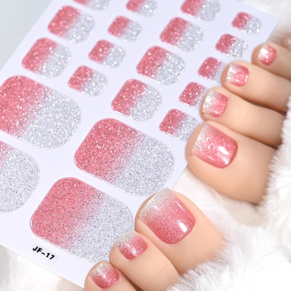22tips/Sheet Glitter Toe Nail Stickers Toe Nails Art Decals Manicure Full Cover Removable Adhesive DIY Nail Patch Decoration