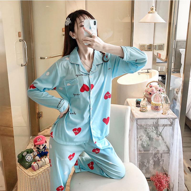 Women's Pajama Set Long Sleeve Lapel Collar Cute Heart Print 2 Piece Loungewear Soft Spring Fall Sleepwear Home Suit