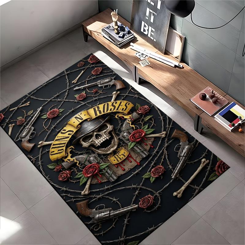 Area Rug, Guns N Roses Skull Top Hat Revolver Roses Barbed Wire 3D Art Print, Man Cave Decor, Non-Slip Mat