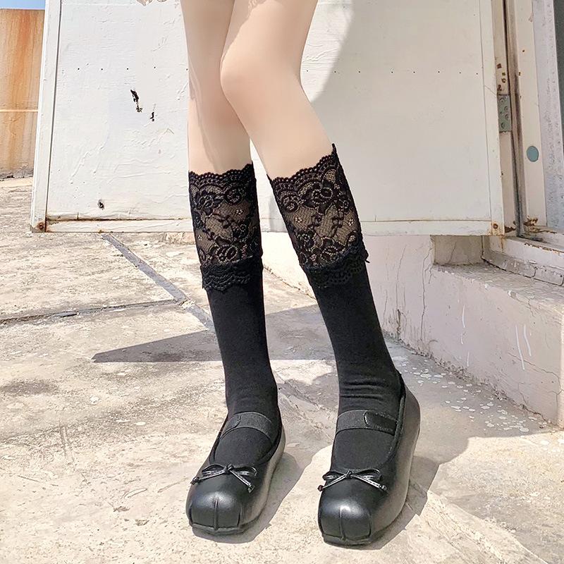 White Lace Calf Socks Women'S Lolita Medium Long Over Knee Socks With High Boots Sweet Thigh Pile Socks
