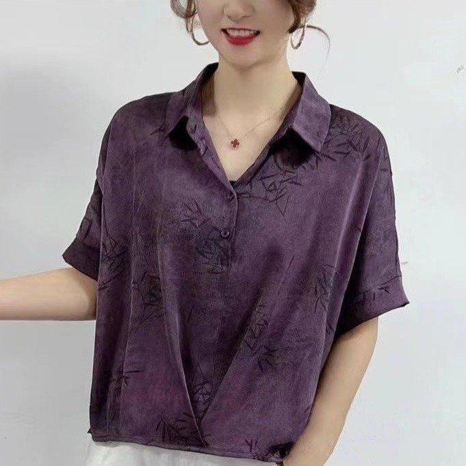 2026 Summer Chic Women s Short-Sleeve Lapel Blouse - Loose, Thin Jacquard Top for Middle-Aged Women L фиолетовый