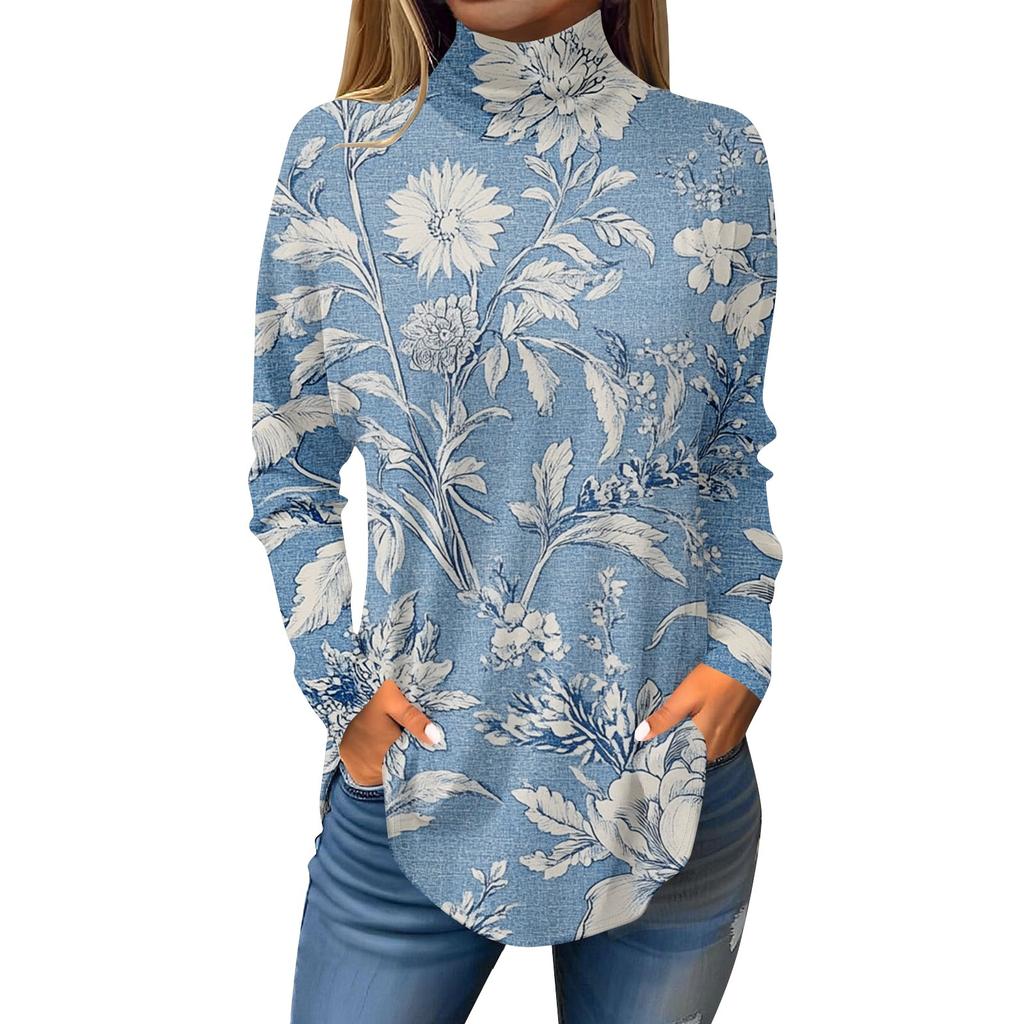 Tee Shirts For Women Fall Casual Long Sleeve Shirts Sweatshirt Vintage Printed High Neck Top Pullover