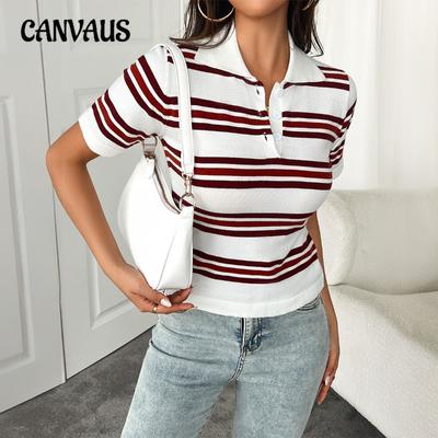 Women's T-shirt Spring and Summer Temperament Slim Polo Collar Two-colour Striped Short-sleeved Blouse