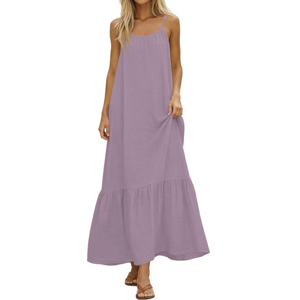 Dames Zomerjurken Spaghetti Bandjes Ronde Hals Gerimpeld Ruches Vloeiend Boho Maxi Jurk