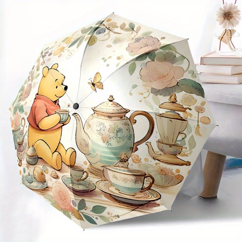 1pc Winnie the Pooh at Tea Pattern Beautiful Looking Automatic Folding Umbrella, 3 Folding, 8 Pole Frame Design, Durable and Suitable for Tr