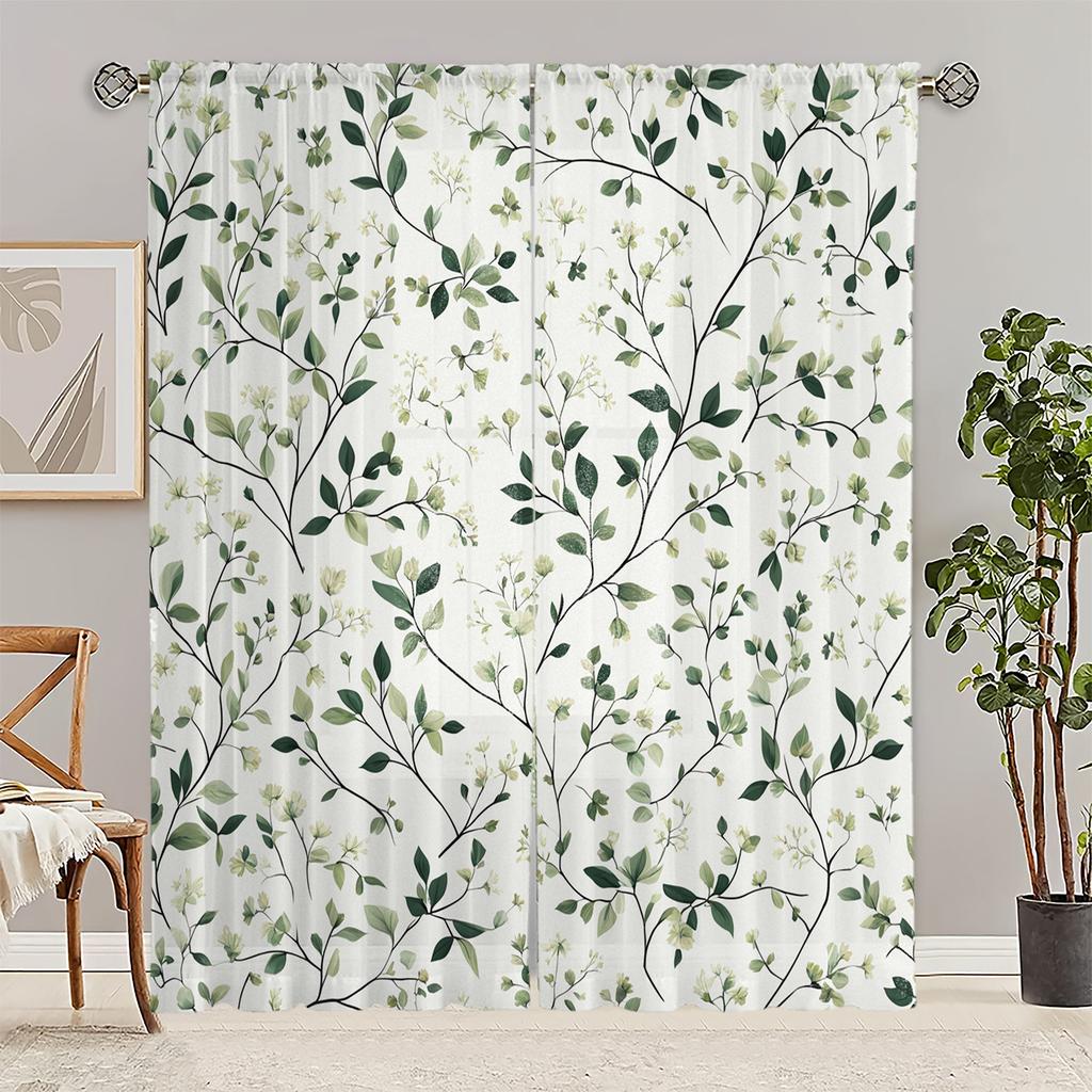 2-Piece Floral Tulle Curtains With Green Leaf Pattern, Polyester, Suitable For Bedroom And Living Room, Machine Washable