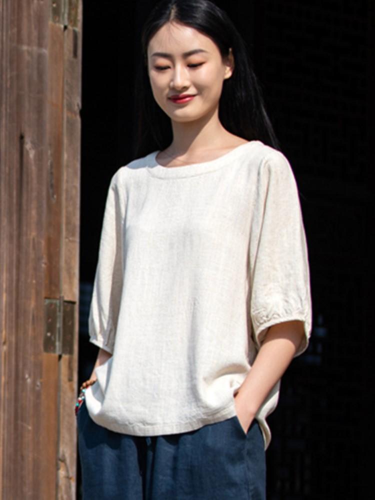 Johnature Women Solid Color Linen TShirts Tops Summer Casual Clothes Female Half Sleeve Tshirts Tees