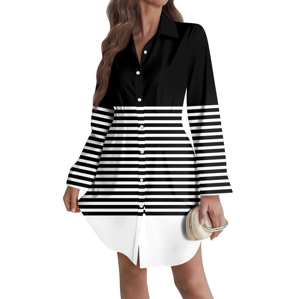 Damen Locker sitzendes V-Ausschnitt Langarmkleid Druck Arbeitshemdkleid