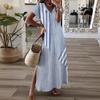 Summer Women Dress V-Neckline Side Split A-line Comfortable Fit Short Sleeves Striped Print Pullover Ankle Length Vacation Beach Maxi Dress