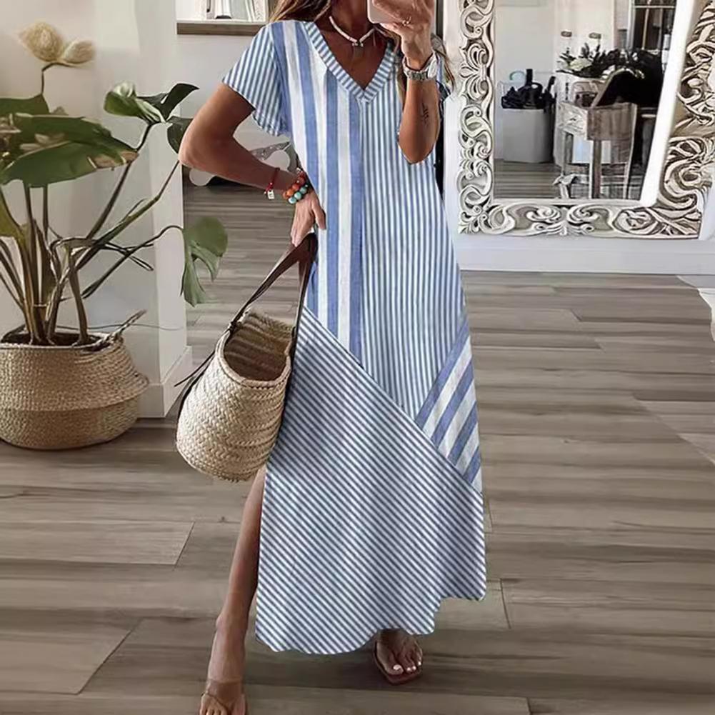 Summer Women Dress V-Neckline Side Split A-line Comfortable Fit Short Sleeves Striped Print Pullover Ankle Length Vacation Beach Maxi Dress