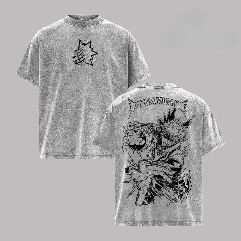 

Bakugou Katsuki Print T-shirt Anime My Hero Academia Clothing Men Women Cotton Tshirts Retro Washed T Shirt Harajuku Male Tops XXL серый