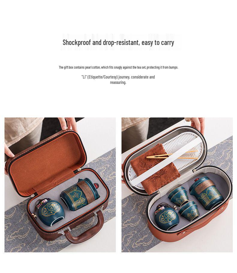 Ancient Charm Ceramic Travel Tea Set: Quick-Brew Pot with Three Cups for Outdoor Use - Customizable Logo Gift