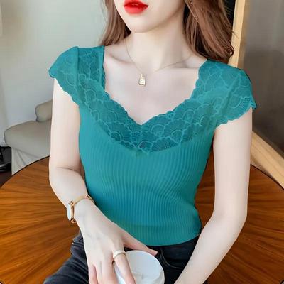 Lace Vest Spliced Knitted Short-sleeved T-shirt for Women Summer  New Style Temperament Design Slim and Chic Top