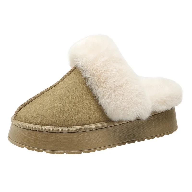 Fashion Women Thick Sole Faux Fur Slippers Winter Plush Warm Cotton Shoes Woman Indoor Outdoor Non Slip Fluffy Platform Slippers 2024