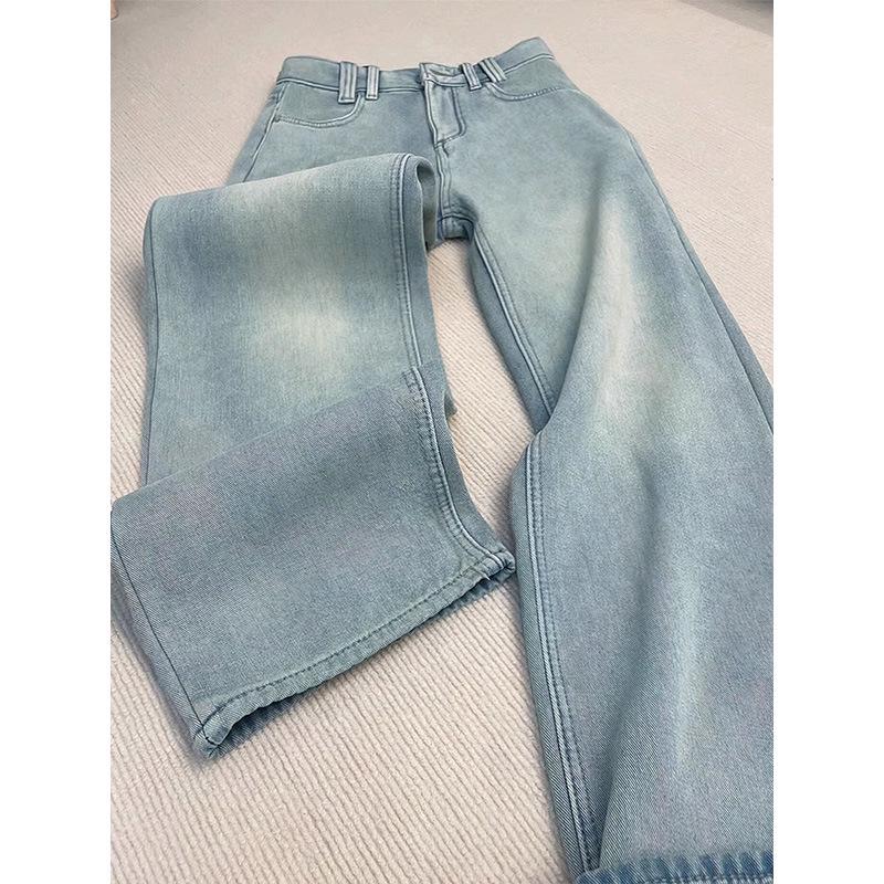 Women's Light Blue High-Waist Fleece-Lined Wide-Leg Jeans - Plus Size, Slimming, Ideal for Pear-Shaped Body