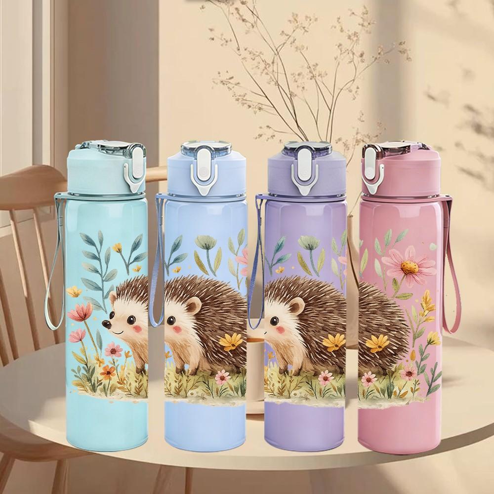 1PC Hedgehog Wildflower Floral Print 750ml Color Plastic Sports Water Bottle Leakproof Flip Straw Lid Suitable for Sports Office Home Use