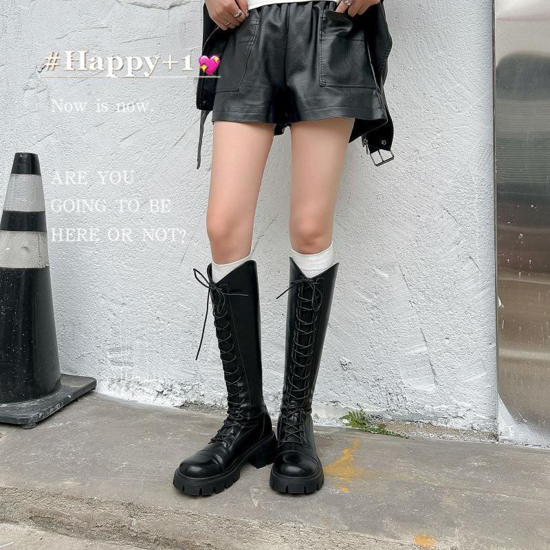 Cowhide~ Long Boots Women's New Autumn and Winter Lace-up Thin Boots Thick-soled Knight Boots Long Boots Leather High Boots
