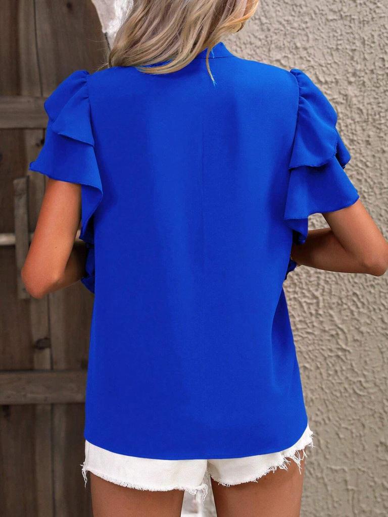 2026 European and American Women's Summer V-neck Casual Ruffle Short Sleeve Solid Color Shirt Top
