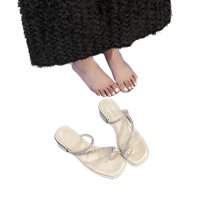 French Pearl Cover Toe Cool Slippers Fairy Shoes Wear 2025 New Summer Temperament Rhinestone Middle Heel Sandals
