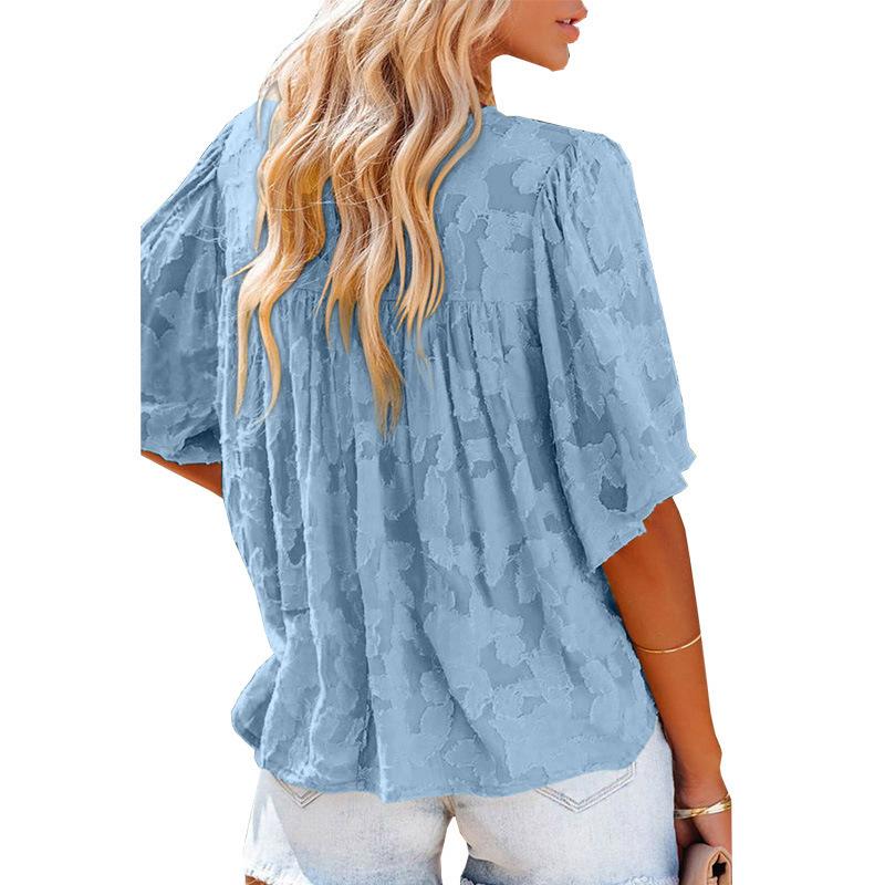 Odzież damska Dekolt w serek Letnia bluzka szyfonowa Jednolita Rękaw trąbkowy Koronkowa wycinanka Top