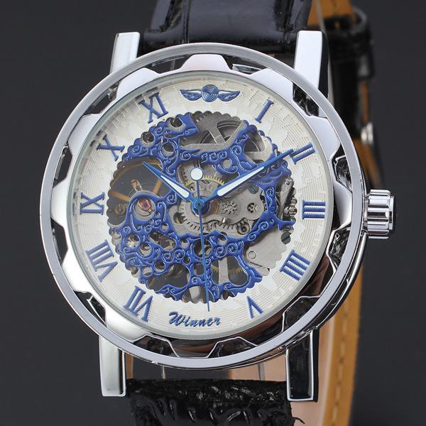 T-WINNER Gear Bezel Mechanical Watch with Hollow Dial & Leather Strap for Men and Women