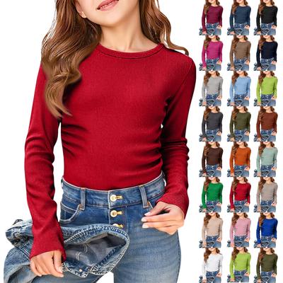 Girls' Ribbed Tee , Long Sleeve Round Neck Casual Top