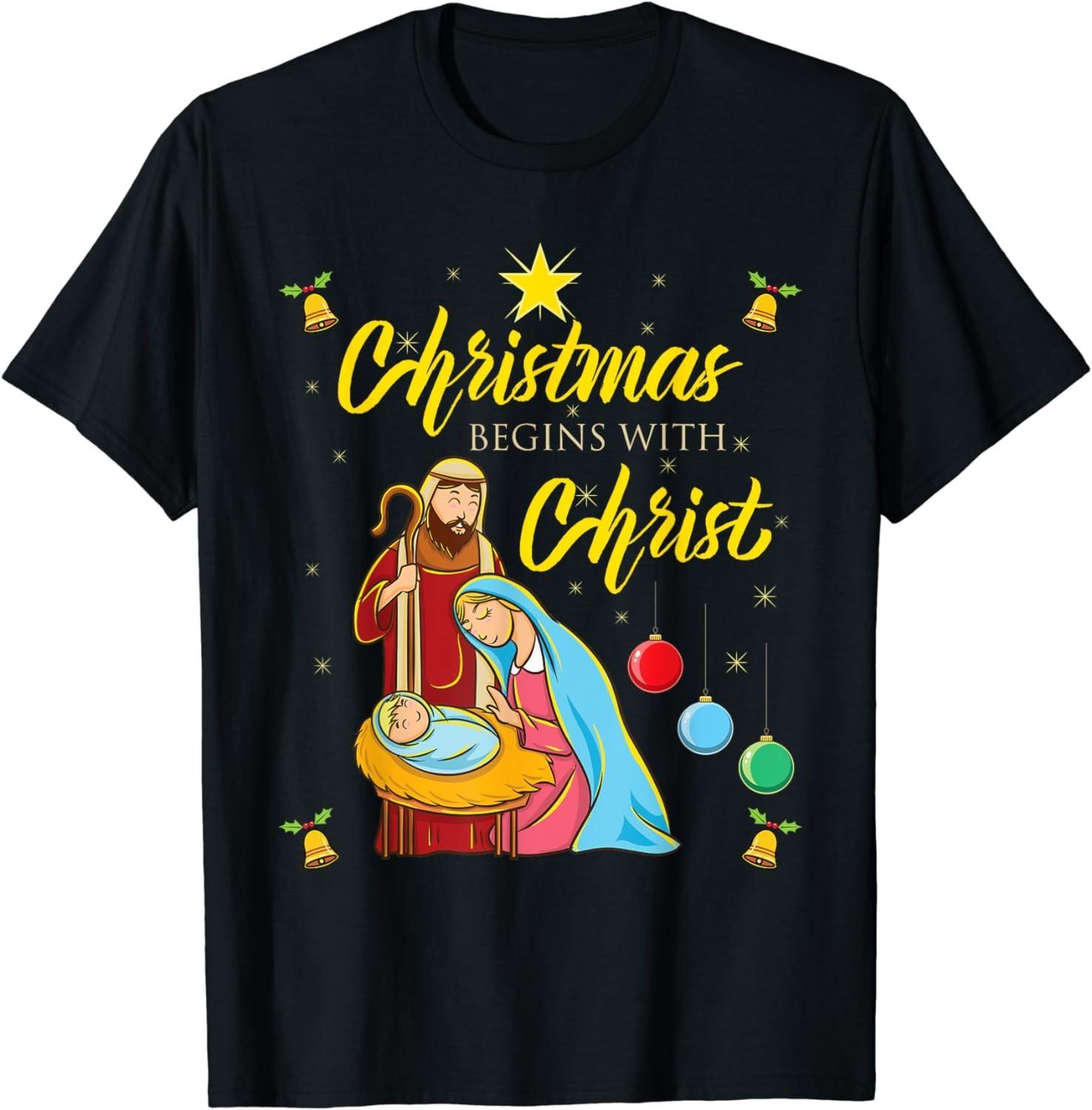 BEST! Christmas Begins With Christ Jesus Christmas Tee S-3XL S