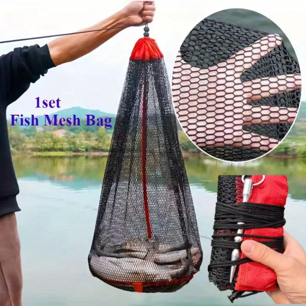 Foldable Fishing Net Bag Small Grid Fishing Gear New Mesh Drawstring Bag  Fishing Supply