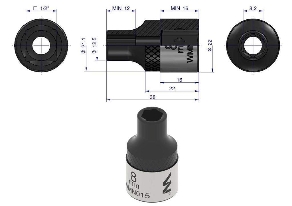 Hex Socket 1/2". 8 Mm. Crv50Bv30. Din 3124. Waryński