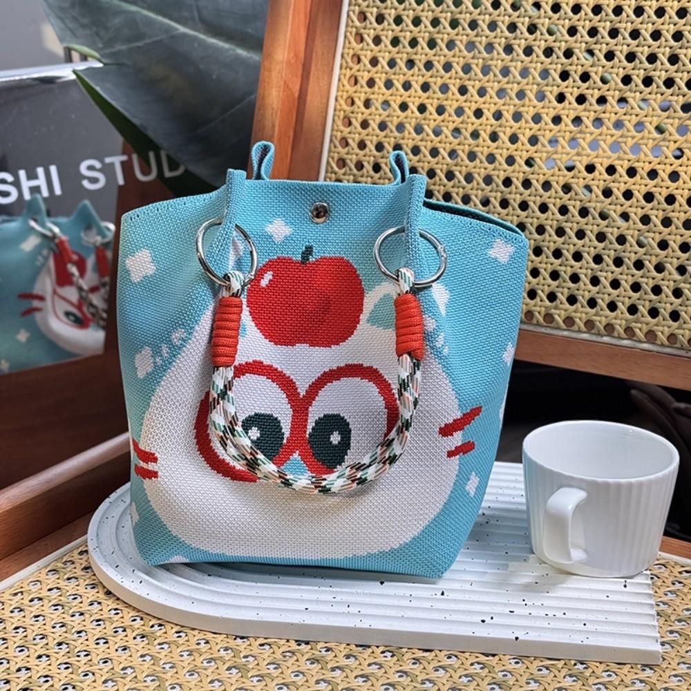 Cute Knitted Bucket Bag Creative Pattern Leisure Wrist Bag Versatile Portable Handbag for Women Girls