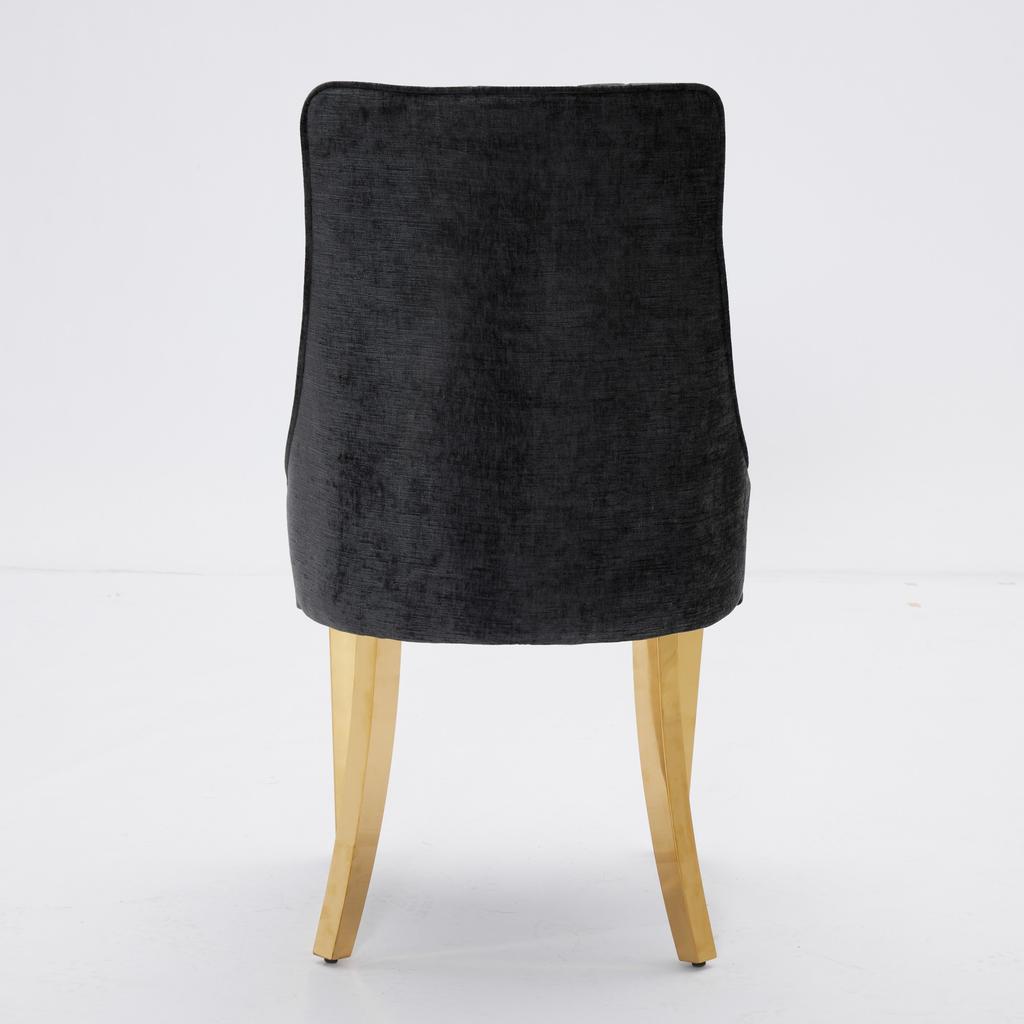 Chaises de salle à manger en tissu rayonne flocké chenille, Chaise d'appoint rembourrée confortable avec pieds plaqués acier inoxydable doré, Lot de 2 (Noir), DE1647BK