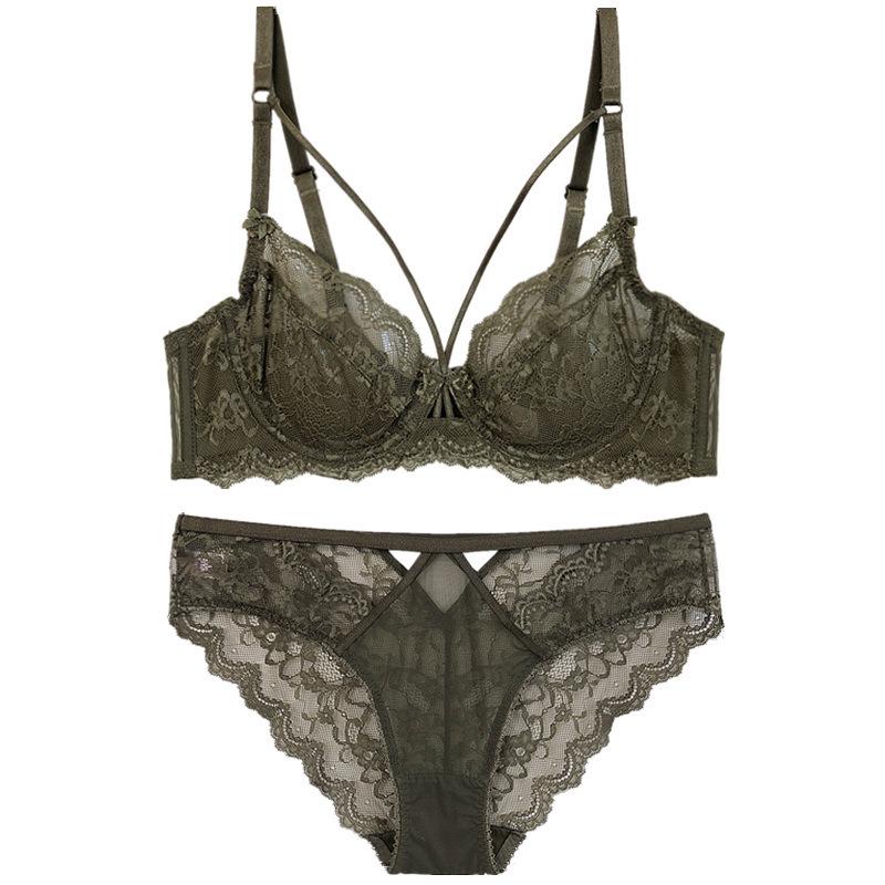 French Ultra-Thin Sexy Lace Bra Set, Underwire Minimizer Side Gathering Sheer Women Lingerie Set