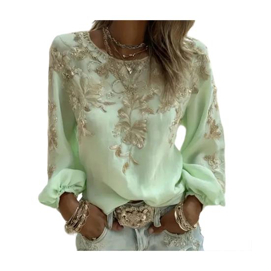 Women Tops Round Neck Long Sleeve 3D Digital Flower Printing Tee Shirt Retro