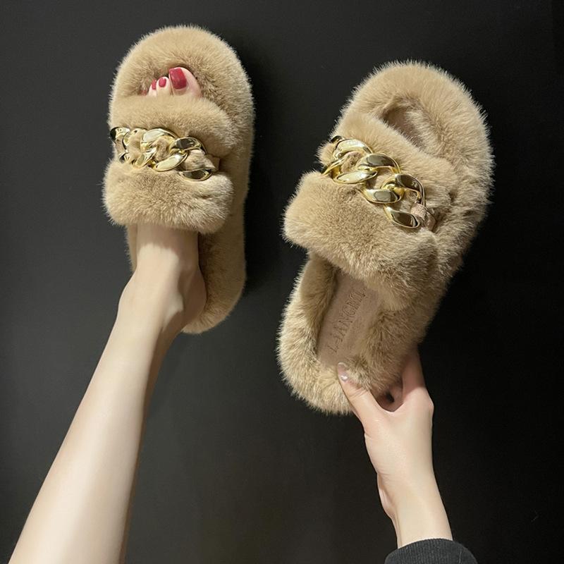 Thick-soled Mao Mao slippers women's outer wear 2025 new autumn and winter Mao Mao shoes home chain stepping on shit feeling one-word cotton drag