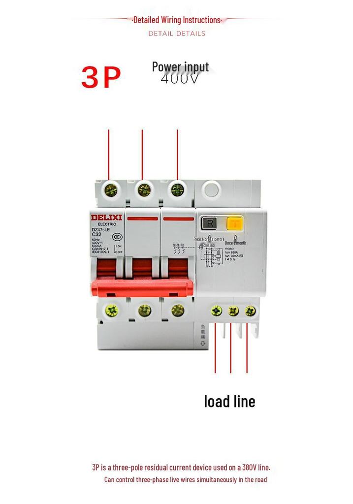 Delixi DZ47SLE 3-Phase Earth Leakage Circuit Breaker with 3P Protection, 380V